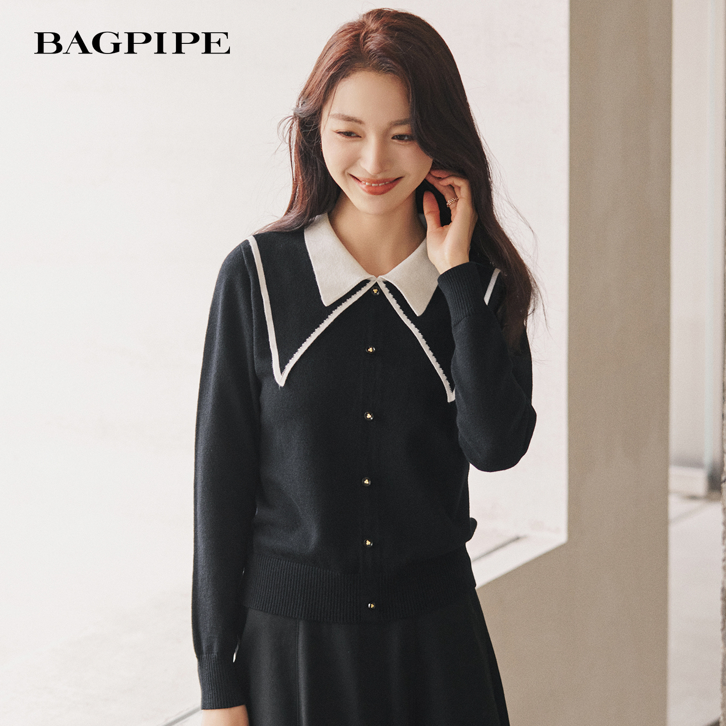 风笛2025冬季新款翻领打底衫设计感减龄内搭毛衣小香风撞色针织衫