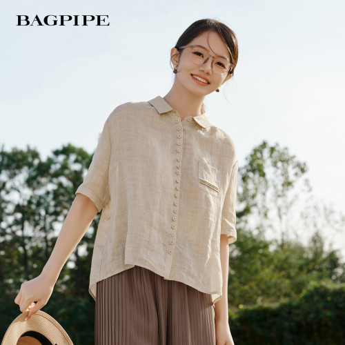 风笛2026夏季新款亚麻衬衫女翻领多扣设计宽松显瘦短袖文艺风上衣