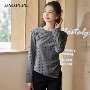 风笛2026春季新款灰色波点长袖T恤设计感小众显瘦内搭打底上衣