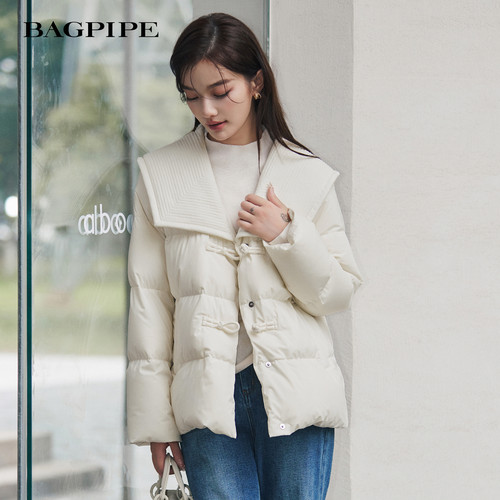 风笛针织拼接领羽绒服女2025冬季新款法式优雅设计感鹅绒外套