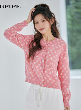 风笛2025春季新款针织开衫女圆领长袖印花甜美风显瘦短款毛衣外套