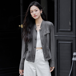风笛2026春季新款轻薄开衫外套女短款显瘦小立领收腰设计感外搭