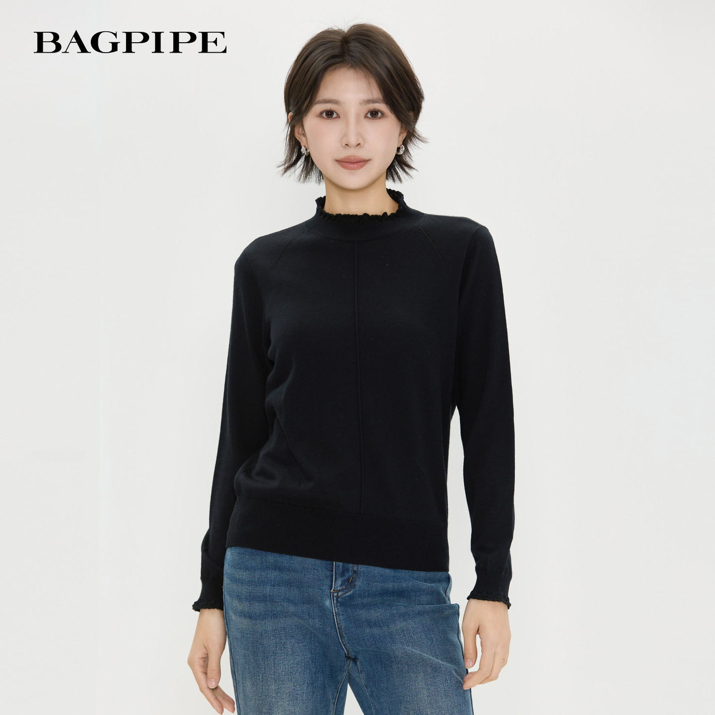 风笛2025冬季新款套头花边领打底衫女气质百搭含绵羊毛针织衫上衣