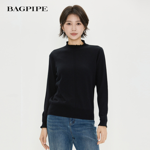 风笛2025冬季新款套头花边领打底衫女气质百搭含绵羊毛针织衫上衣