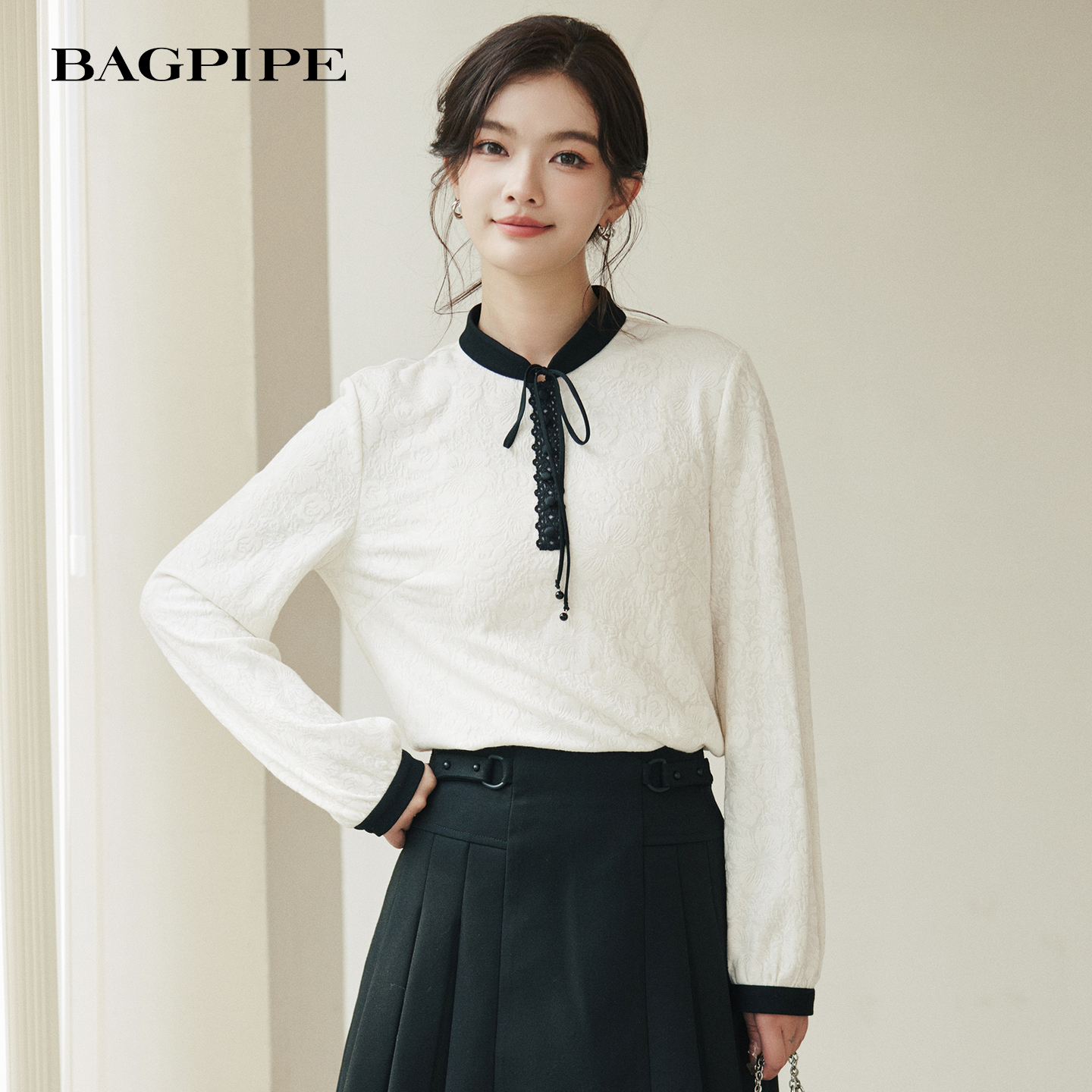 风笛2025冬季新款立领拼色套头长袖衬衫女气质百搭设计感小衫上衣