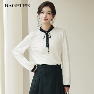 女气质百搭设计感小衫 风笛2025冬季 衬衫 立领拼色套头长袖 上衣 新款