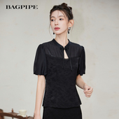上衣T恤黑色百搭雪纺衫 风笛2025夏季 盘扣设计感短袖 新中式 新款