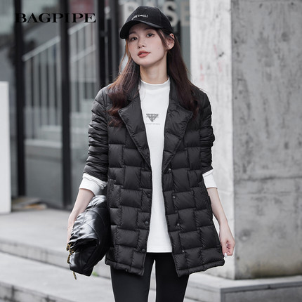 风笛2024翻领轻薄羽绒服女短款秋冬新款宽松休闲鹅绒中长款外套