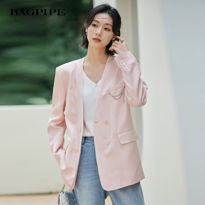 风笛2025春季新款外套女设计感小众双排扣气质西装外套通勤上衣