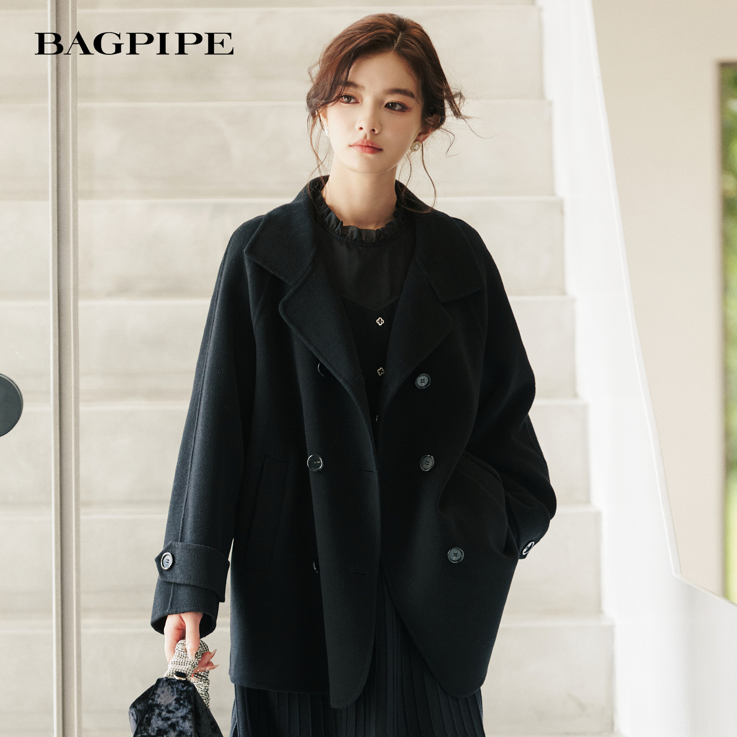 风笛2025冬季新款100%高支绵羊毛外套女气质百搭经典廓形毛呢外套