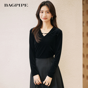 风笛2025秋季新款小心机系带交叉丝绒上衣衬衫女设计感小众