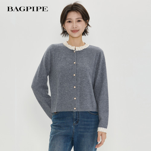 风笛2025冬季新款100绵羊毛撞色木耳边针织衫韩系简约上衣女短款