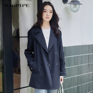 风笛2026春季新款韩系简约西装领风衣外套女气质通勤中长款外衣