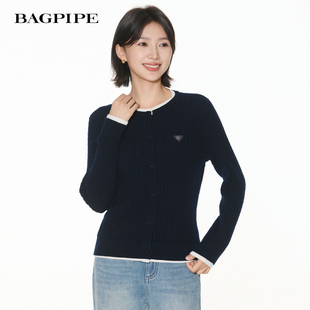 风笛2025冬季新款100绵羊毛套头打底衫假两件撞色设计感针织衫