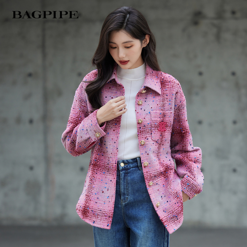 风笛2025冬装新款磨毛格纹衬衫长袖衬衣复古时髦休闲百搭上衣女