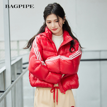风笛泡芙轻暖连帽鹅绒服女鹅绒冬季短款红色保暖羽绒服面包服