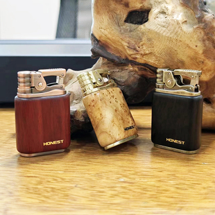 百诚金虹实木老式檀木按压磕头煤油打火机实木+合金组合复古礼品