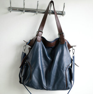 INS纯羊皮 撞色单肩斜挎大容量新款女式大包小众休闲包真皮女包