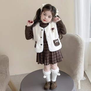 女童小香风套裙冬款2025新款小女孩时髦仿皮草马甲三件套气质套装