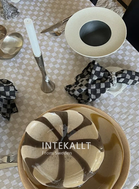 北欧Byon棋盘格餐巾布餐垫黑色米色高级感设计棉质餐巾布2件套