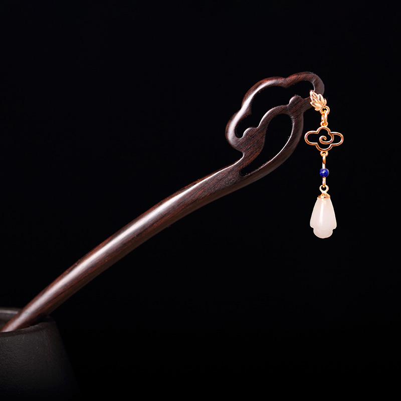 如意原创设计复古中国风黑檀木白玉发簪盘发簪子旗袍发饰女高级感