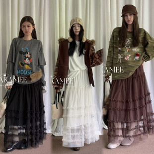 木耳边拼接网纱裙女秋冬松紧腰中长款垂坠感显瘦蛋糕裙纯色下装