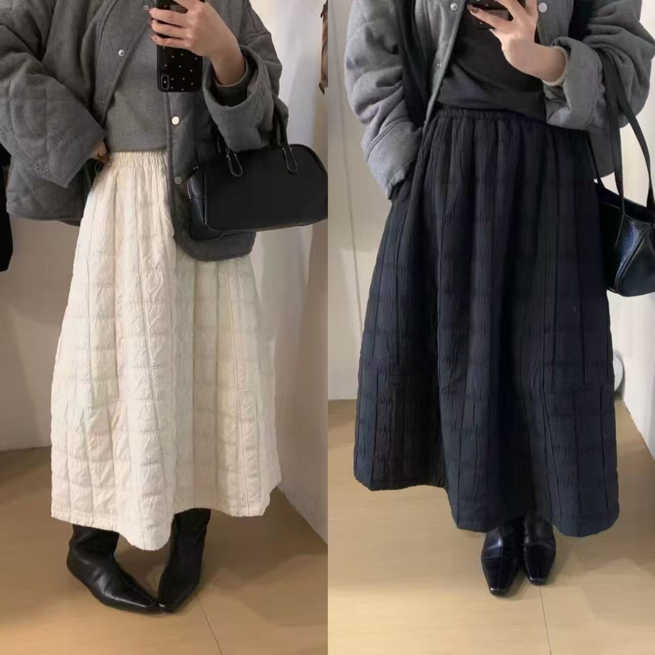 秋冬女装菱格夹棉半身裙松紧高腰气球灯笼裙宽松显瘦垂坠纯色棉裙