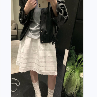 春夏女装纯色蕾丝花边拼接半身裙松紧腰垂坠感显瘦宽松中裙下装