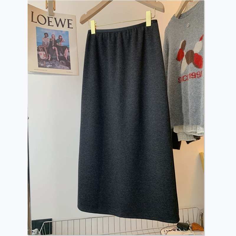 秋冬女装醋酸羊绒半身裙修身显瘦后开叉纯色打底裙纯色垂坠感下装