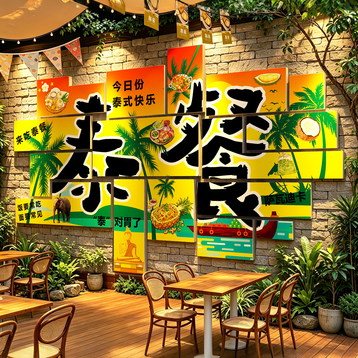 网红泰式风味餐饮特色东南亚料理饭店装饰墙面布置泰国菜广告贴纸