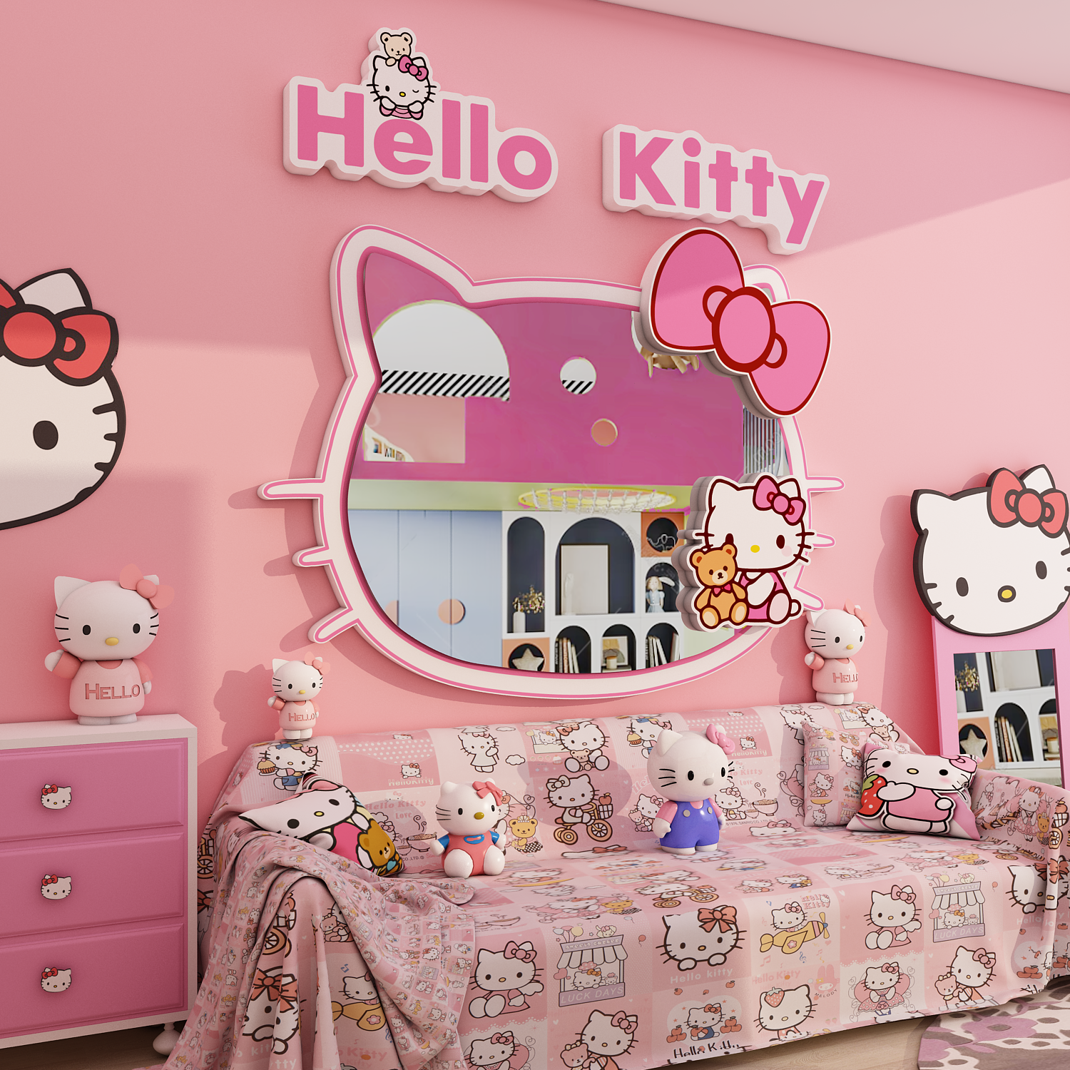 凯蒂猫hellokitty贴纸儿童房间布置公主镜子墙面装饰女孩床头全套