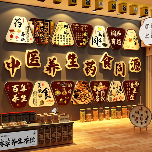 草药食同源中医养生馆装饰氛围布置挂画展示形象背景墙面文化贴
