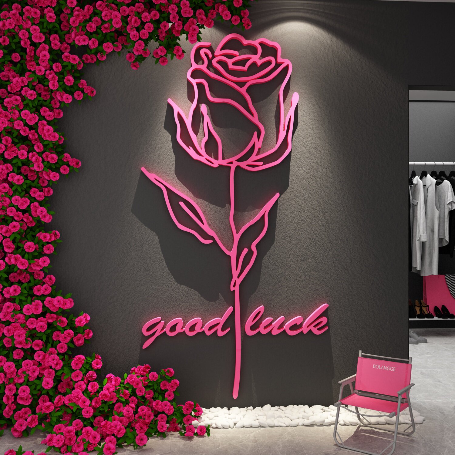 女服装店拍照区氛围布置美容装饰形象背景打卡墙玫瑰花高级感门头