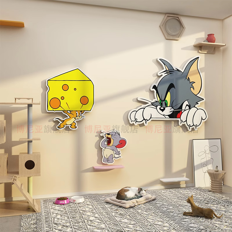 猫和老鼠墙面装饰汤姆杰瑞转角布置网红宠物店玻璃背景墙贴纸壁画