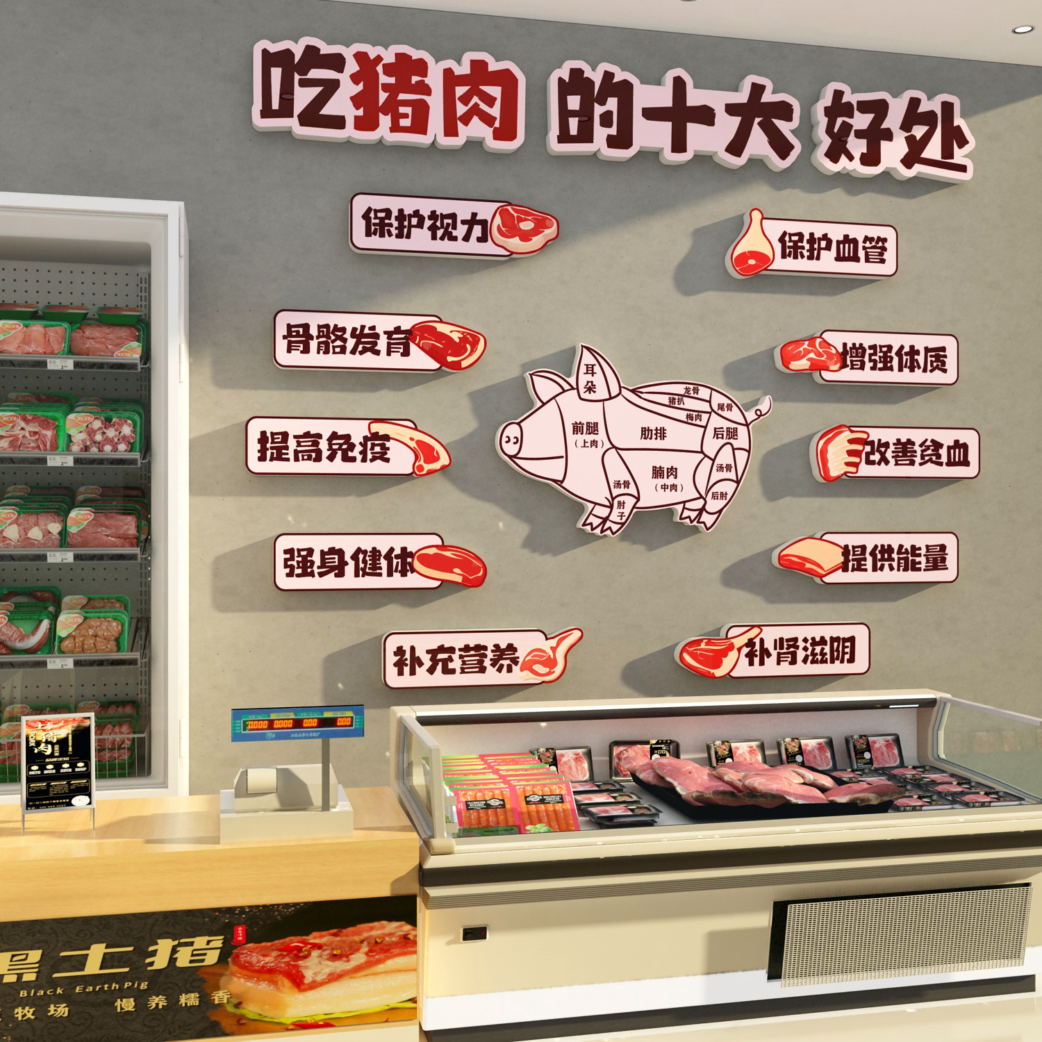 卖猪肉店铺装饰生鲜超市广告分割示意图贴纸挂画熟食卤味墙面海报