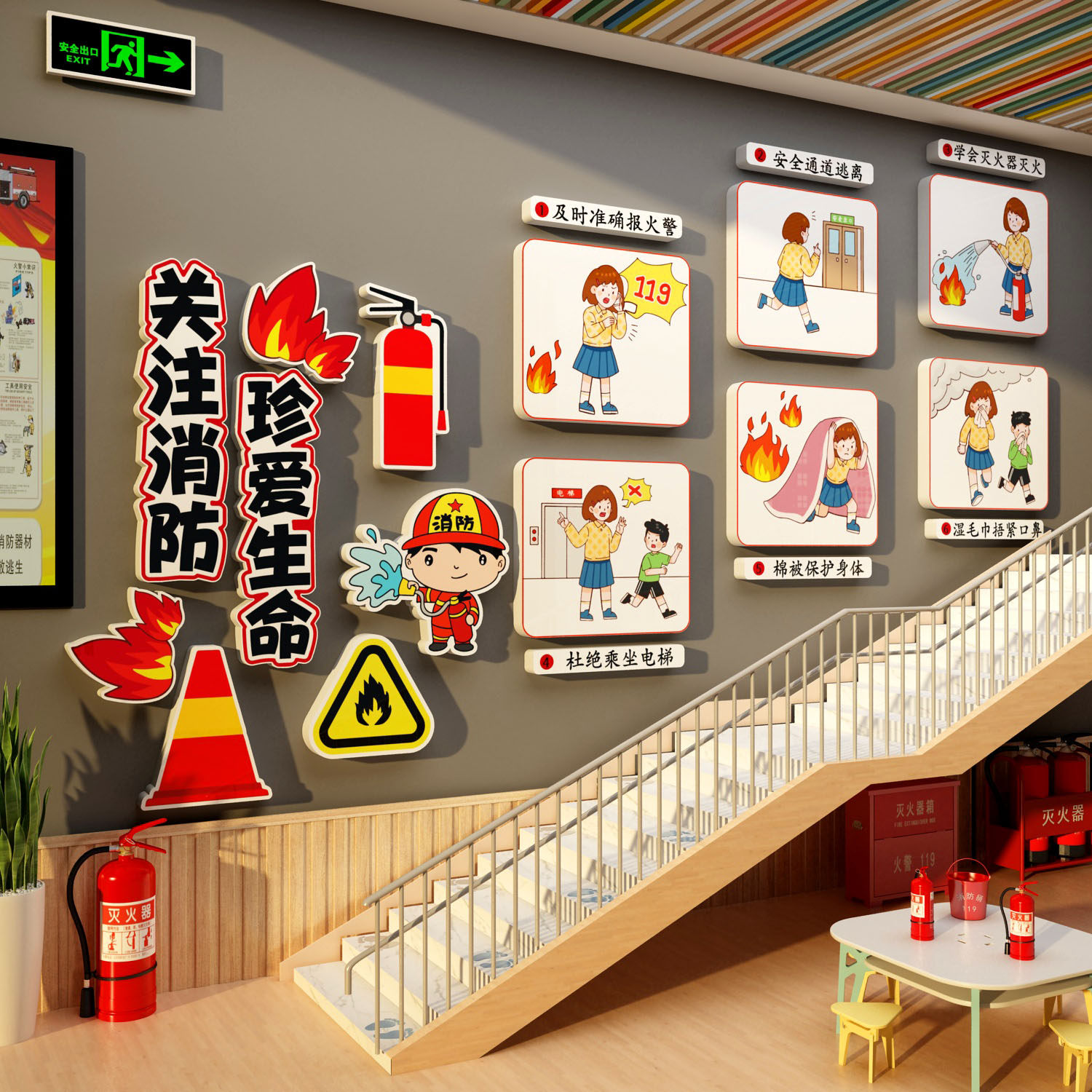 安全消防教育宣传墙贴幼儿园环创主题成品装饰文化布置楼梯黑板报