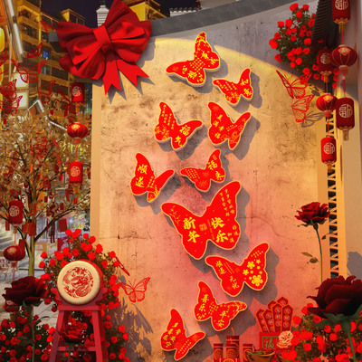 2026跨过马新年装饰立体春节氛围布置网红打卡拍照区蝴蝶墙面背景
