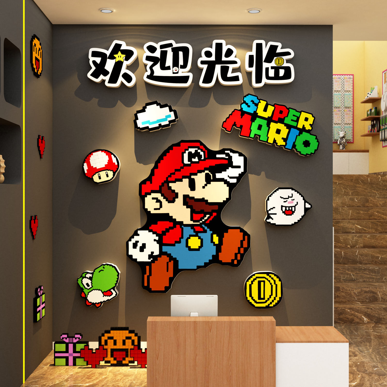 手作工拼豆店铺墙面装饰修贴挂画超级马里奥背景布置广告贴纸海报