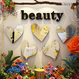 网红打卡拍照区鲜花店装饰氛围爱心形镜子布置墙面造场背景贴纸画