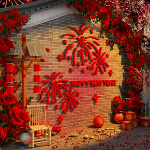 2026新年装饰网红打卡造景小院红墙面跨马春节烟花氛围布置拍照区