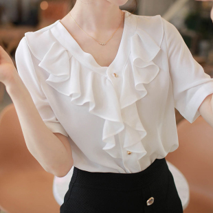雪纺衫 短袖 350夏荷叶边洋气250胖MM显瘦上衣 女装 定制300斤特大码