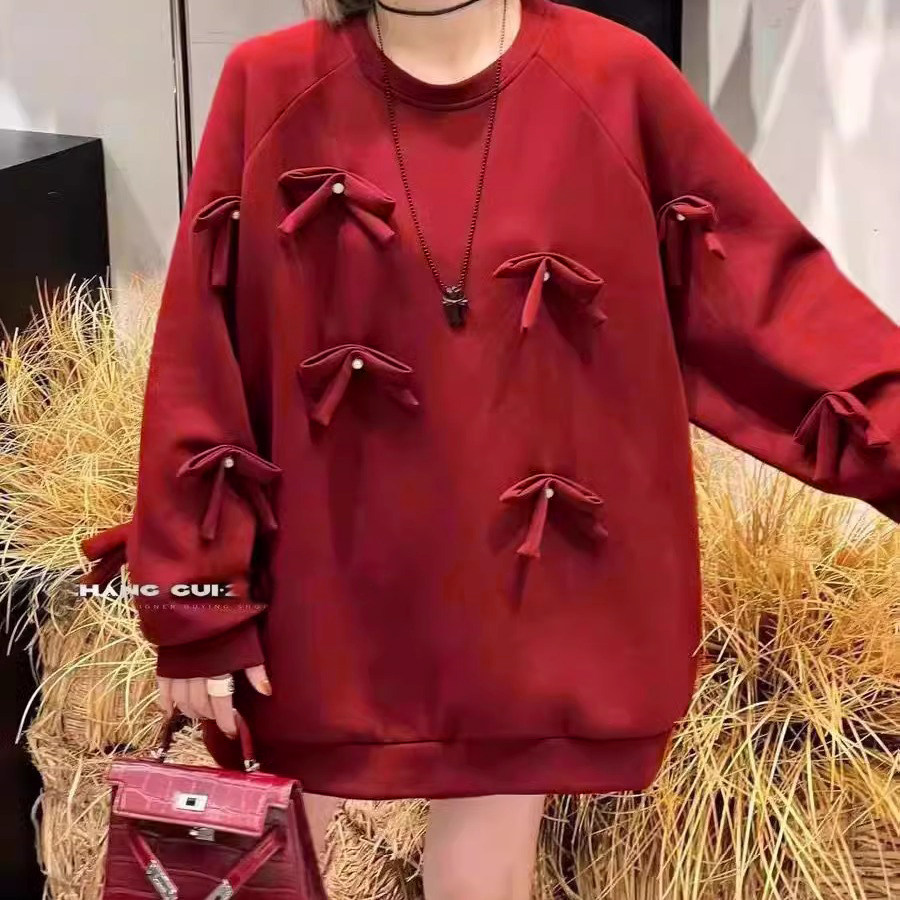 定制300斤特大码女装春季新款350棉宽松中长显瘦蝴蝶结卫衣250胖M