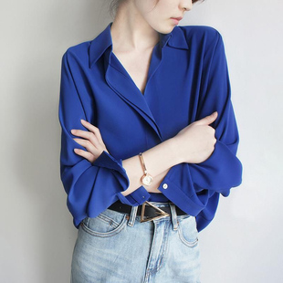 350显瘦克莱因蓝雪纺衬衫 300斤特大码 新款 定制春装 上衣250胖m 女装