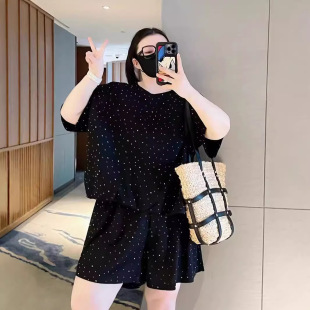特大码女夏300斤胖MM休闲运动套装260烫钻宽松显瘦短袖裙裤两件套
