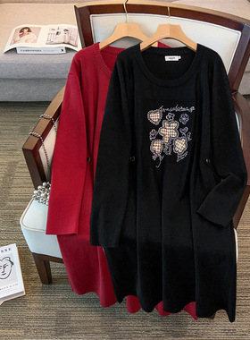 350斤大码女装胸围160宽松显瘦新年红色胖M长款圆领毛衣连衣裙300