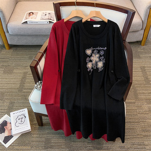 350斤大码女装胸围160宽松显瘦新年红色胖M长款圆领毛衣连衣裙300