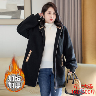 300斤特大码女装加绒加厚中长款280显瘦潮冬季时尚减龄羊羔绒外套