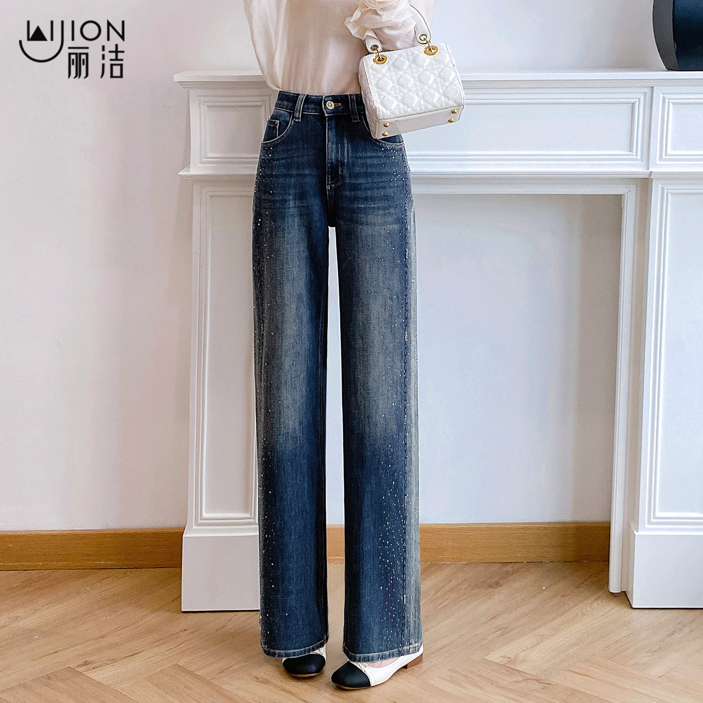满天星烫钻牛仔裤女春季新款直筒阔腿长裤2026巨好看百搭的裤子