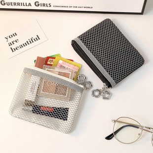 简约双层拉链网纱包收纳用具便携小巧零钱包方便携带收纳整理包包