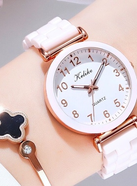 夜光高端仿陶瓷手表女生初高中学生韩版简约气质白色防水数字清新